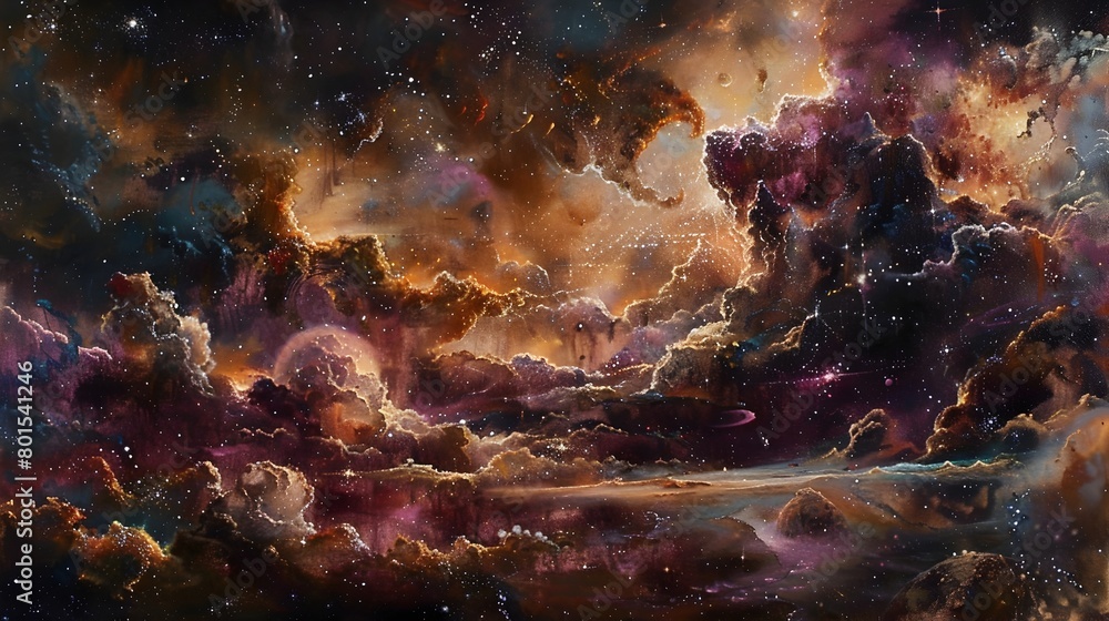 Fototapeta premium Breathtaking Cosmic Landscape - Expansive Celestial Panorama of Glowing Clouds and Swirling Galaxies