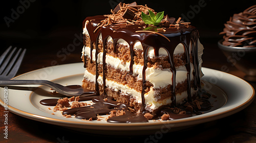 A decadent and rich plate of creamy chocolate cake with chocolate ganache and whipped cream. photo