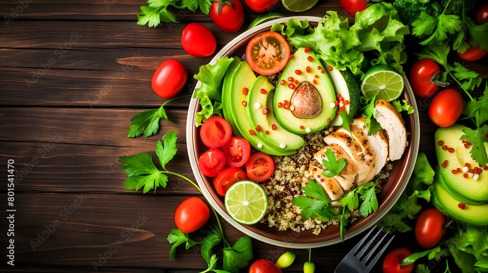 Top view of healthy salad bowl with quinoa, tomatoes, chicken, avocado, lime, lettuce, parsley. Healthy vegetarian dinner, Plant based food concept