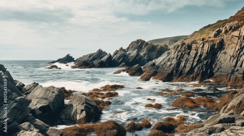 Rugged coastal landscape with crashing waves