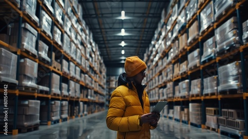 warehouse worker with tablet computer in large goods storage facility supply chain management logistics industry concept