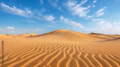 A vast desert expanse, stretching out as far as the eye can see, with towering sand dunes sculpted by the wind, creating mesmerizing patterns and textures in the soft, golden sand © ahmad
