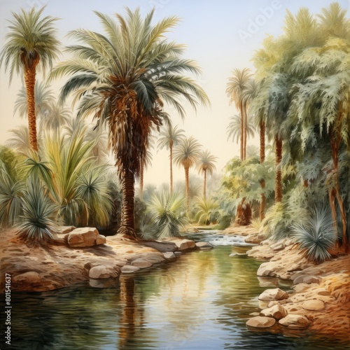 Lush oasis with palm trees and tranquil pond