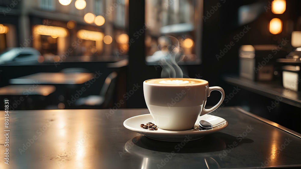 a cup of hot coffee on the table in a classic cafe 