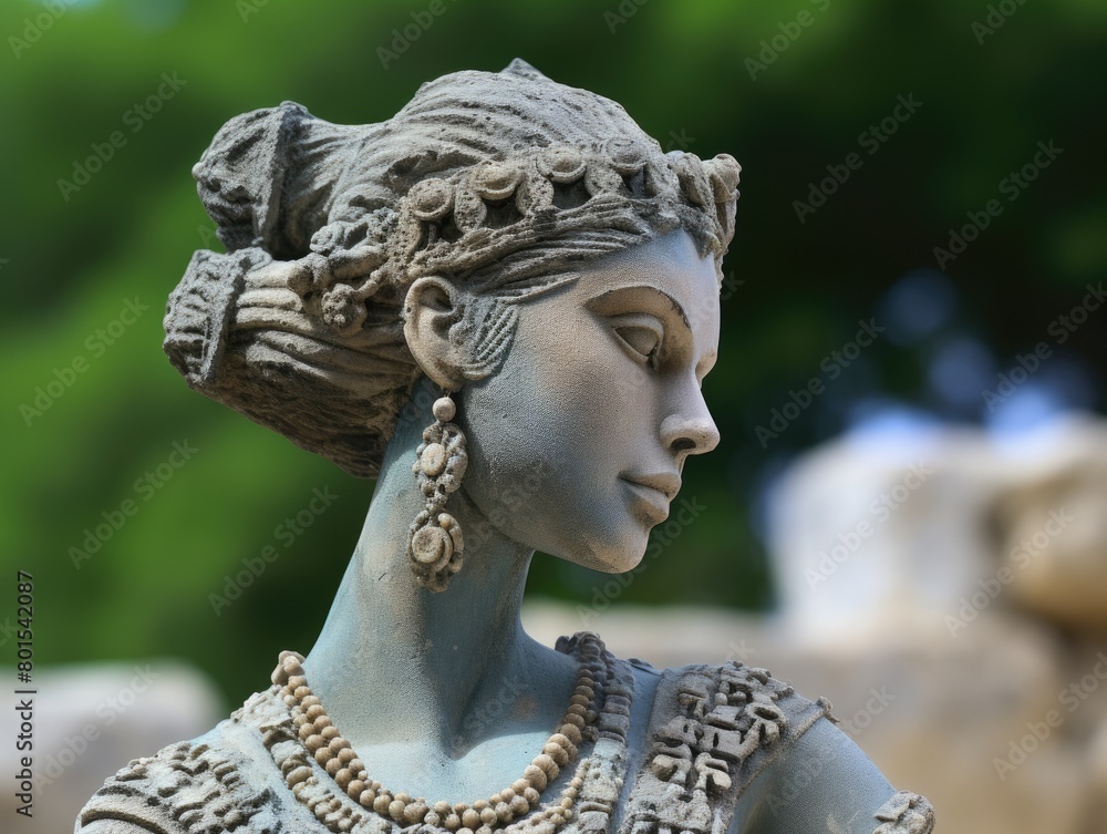Ornate stone statue of a woman with intricate headpiece and jewelry