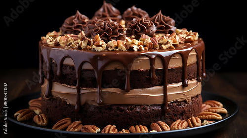 A decadent chocolate cake with rich frosting and chopped nuts.