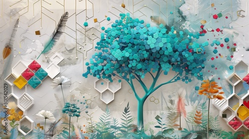 Abstract scene with a turquoise tree against a vibrant hexagon and feather-detailed backdrop. #801542029