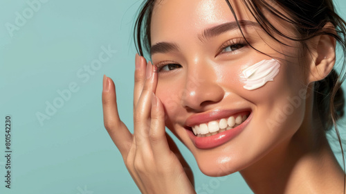 Photorealistic of A happy-faced woman uses cosmetics containing hyaluronic acid to plump up her skin photo