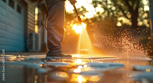 Man power washing concrete driveway with electric pressure washer in sunny suburban morning. Concept Home Maintenance, Pressure Washing, Driveway Cleaning, Outdoor Chores, Morning Routine photo