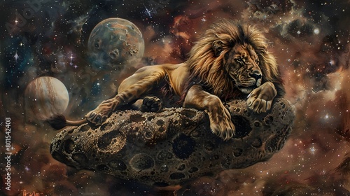 Majestic Lion Lounging on Cosmic Asteroid with Distant Planets and Sparkling Stars in Romantic Oil Painting Backdrop photo
