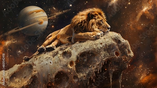Majestic Lion Lounging on Cosmic Asteroid Amid Sparkling Stars and Distant Planets photo