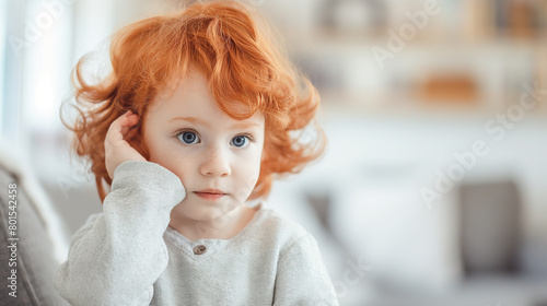 Red-haired kid with ear pain, worried expression, home interior with soft background and copy space