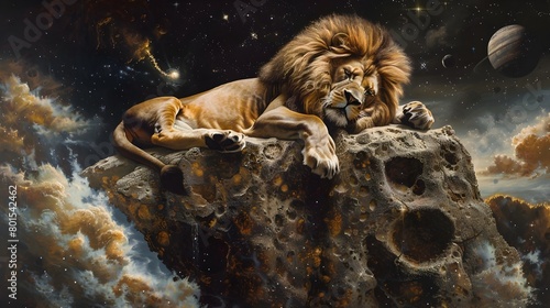 Majestic Lion Resting on Cosmic Asteroid Amid Distant Planets and Sparkling Stars photo