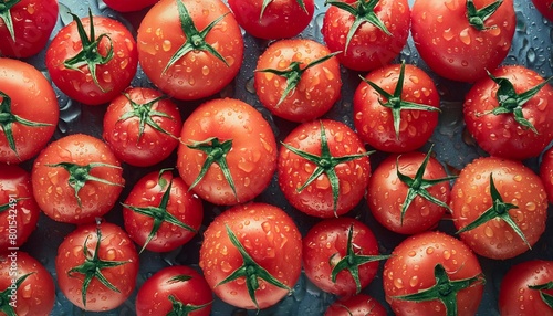  tomatoes in drops of water, top view. Proper nutrition  © Kseniia