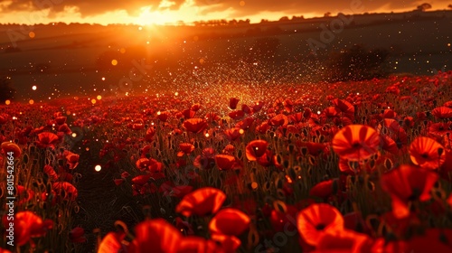   A field filled with red blooms under a sunset  midday doesn t apply to this scene