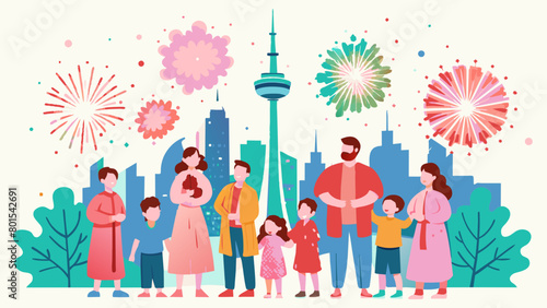 Family Enjoying Fireworks Display in Vibrant City Celebration
