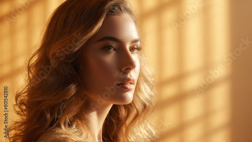 Sleek woman with smoothing hair oil frizz control glossy strands soft golden light Cinematic portrait © panophotograph