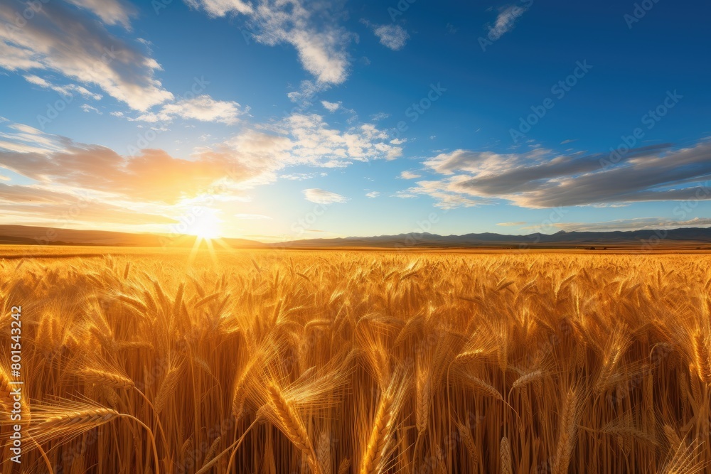 Golden wheat field under a vibrant sunset sky