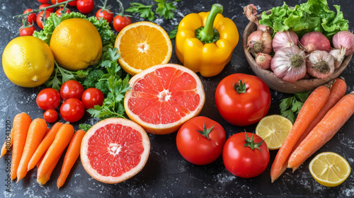 A bowl of fruit and vegetables including oranges  carrots  and tomatoes. The bowl is on a black surface