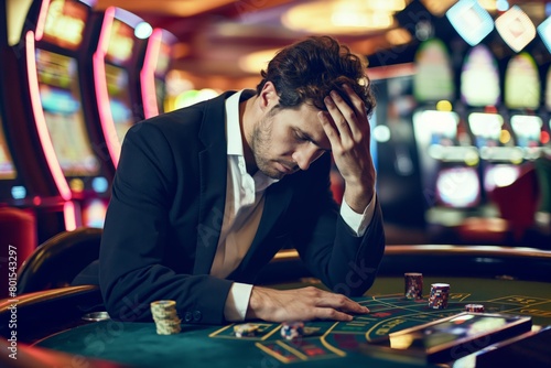 Disappointed man at a casino touching his head photo