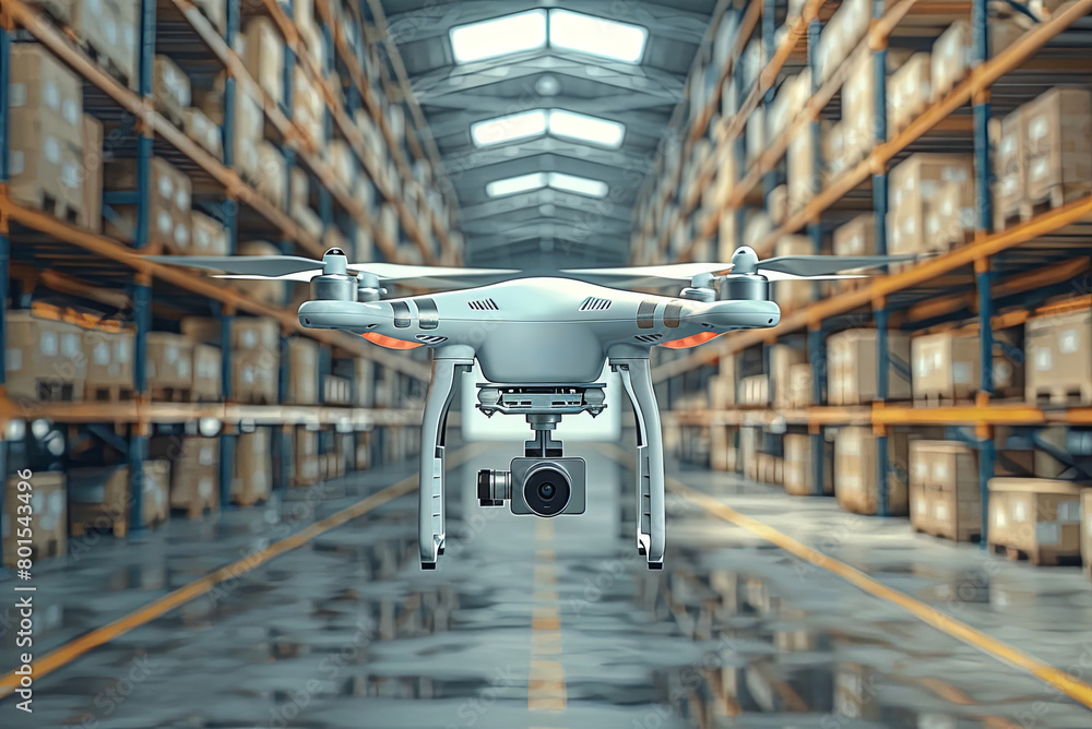 Drone is flying in a warehouse full of boxes and shelves Drone is flying in a warehouse full of boxes and shelves