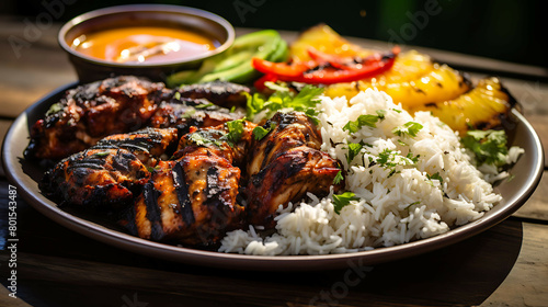 A flavorful and spicy plate of Jamaican jerk chicken with Caribbean spices.