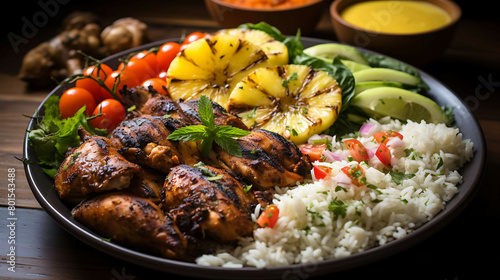 A flavorful and spicy plate of Jamaican jerk chicken with Caribbean spices.