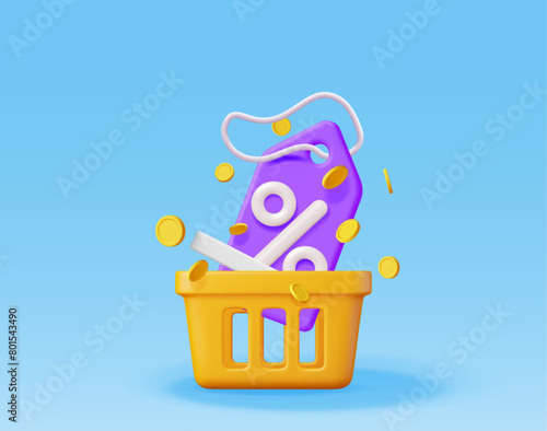 3d shopping cart and coupon with percentage symbol. Render realistic shopping basket and colorful discount voucher. Sale discount clearance. Online retail shopping. Vector illustration
