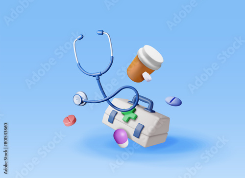3d first aid kit with stethoscope and pill container isolated. Render bag for medicine and tablets. Healthcare, hospital and medical diagnostics. Urgency and emergency services. Vector illustration
