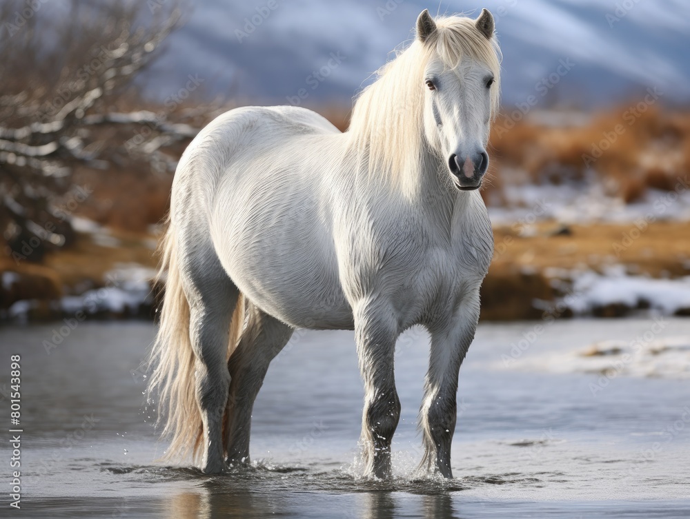 Majestic white horse standing in shallow water