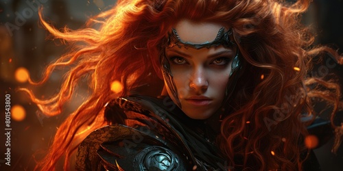 Fierce warrior with fiery red hair and intense gaze