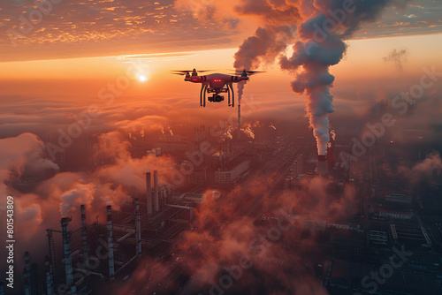 Drone is monitoring air pollution over a large industrial area that is covered in smoke photo