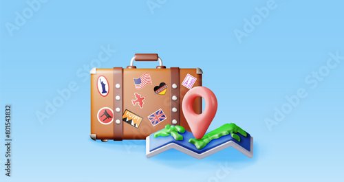 3d vintage suitcase with folded paper map isolated. Render leather classic travel bag with stickers and map. Travel element. Holiday or vacation. Transportation concept. Vector Illustration