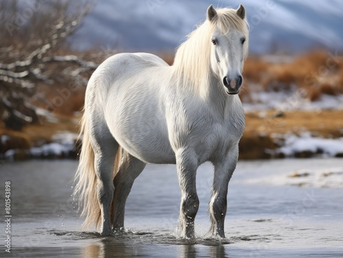 Majestic white horse standing in shallow water