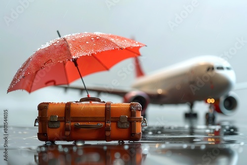 Travel Insurance Concept Illustrated Red Umbrella Protecting Airplane and Traveler’s Suitcase Against Rain on a White Background