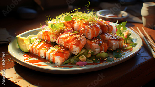 A flavorful plate of sushi with salmon and avocado.