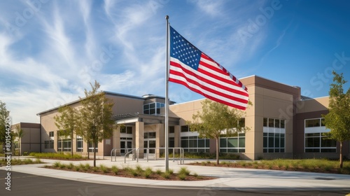 American flag waving in front of modern school building