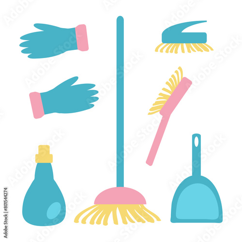 Household cleaning products vector clipart collection. Sweeping accessories in flat style. Hand drawn illustration isolated on white background.