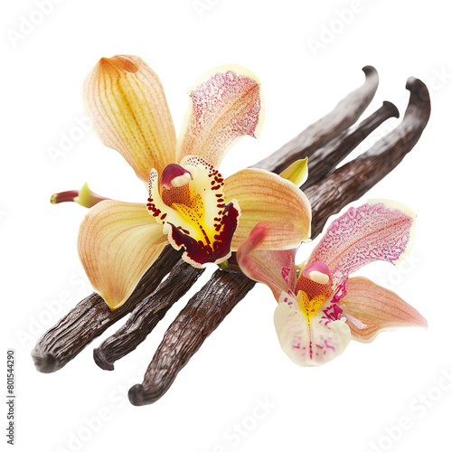 Vanilla pods and orchid flower isolated on white or transparent background photo