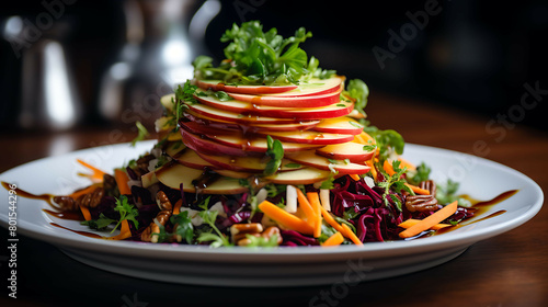 A fresh and crunchy salad with shredded carrots, beets, and apples, topped with a zesty apple cider vinaigrette. photo