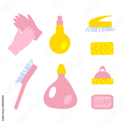 Laundry products vector clipart collection. Washing symbols in flat style. Hand drawn illustration isolated on white background.