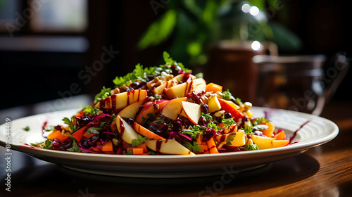 A fresh and crunchy salad with shredded carrots, beets, and apples, topped with a zesty apple cider vinaigrette. photo