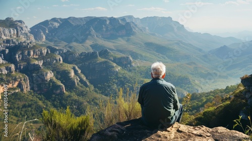 Elderly man enjoying a scenic view from a mountain lookout