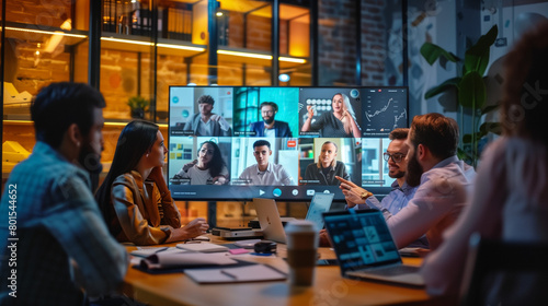 Diverse company employees having online business conference video call on tv screen monitor in board meeting room. Videoconference presentation, global virtual group corporate training concept