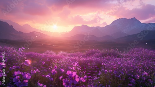 A field of purple flowers with a mountain range in the background. The sun is setting and the sky is a bright orange. There are clouds dotting the sky and the mountain range is partially obscured by f photo