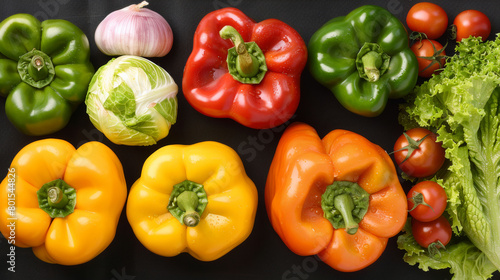 A colorful assortment of vegetables including tomatoes, lettuce, and peppers. Concept of freshness and abundance, as the various vegetables are displayed in a visually appealing manner