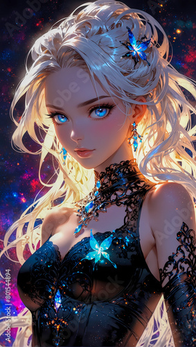Portrait of a Stunningly beautiful anime style woman with gorgeous eyes wearing a elegant dress