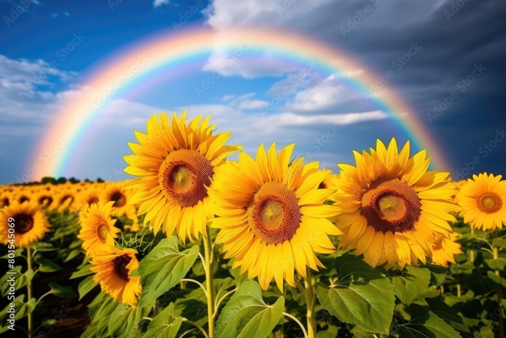 Obraz premium Vibrant sunflower field under a rainbow sky
