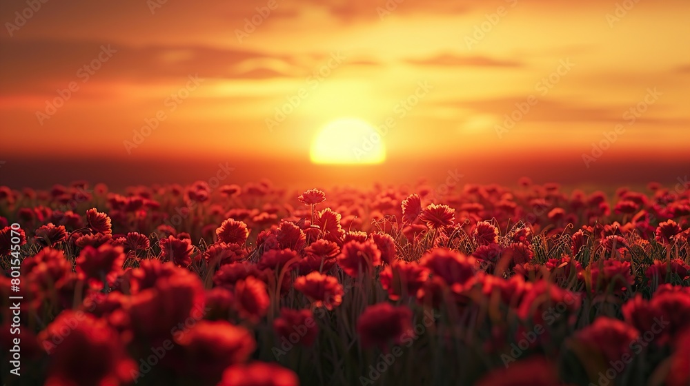 A  field of red flowers with the sun setting in the background. The sky is a mix of blue and light orange.