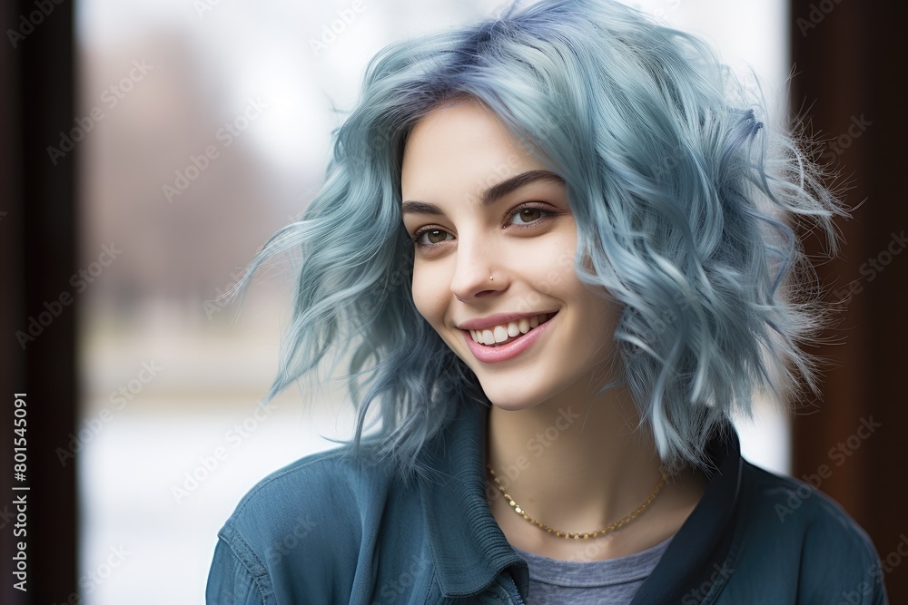 Fototapeta premium Smiling woman with vibrant blue hair